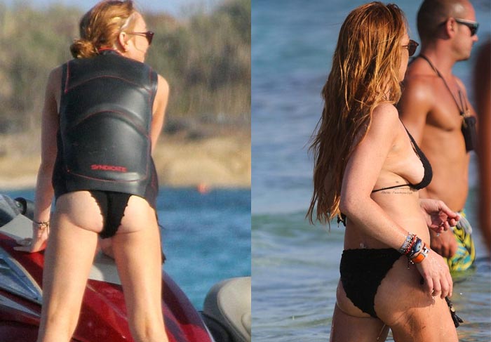 De biquíni preto, Lindsay Lohan curte o mar da Grécia 