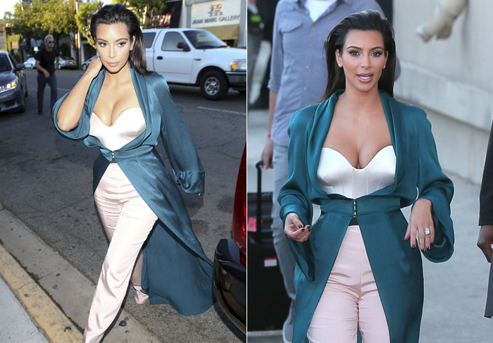 Kim Kardashian usa roupa com decote generoso para ir a programa de TV