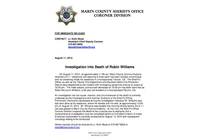 Comunicado da polícia do Condado de Marin confirmou a morte de Robin Williams