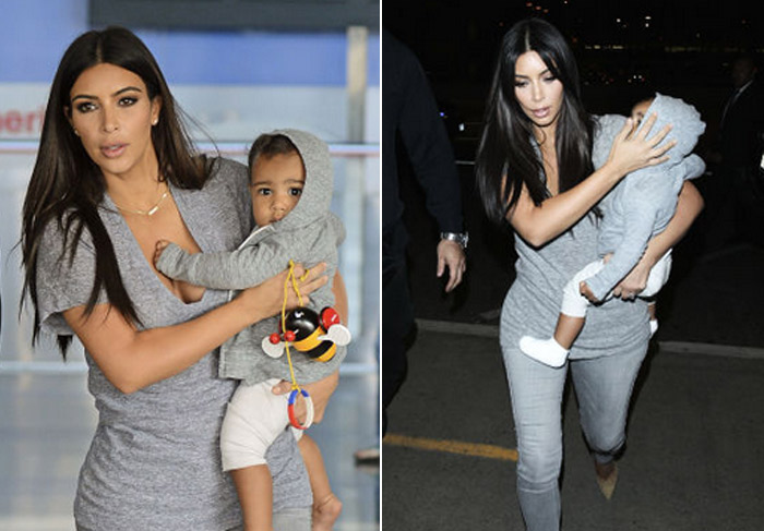 Kim Kardashian e sua filha combinam o visual ao desembarcarem em aeroporto