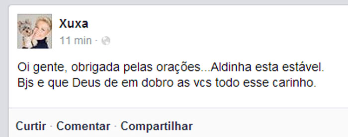 Xuxa agradece orações e diz que quadro de saúde da mãe é estável