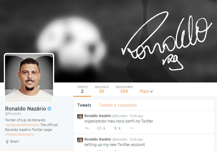 Ronaldo Fenômeno divulga novo perfil pessoal no Twitter