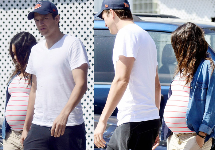 Ao lado de Ashton Kutcher, Mila Kunis exibe barrigão de grávida enorme durante passeio 