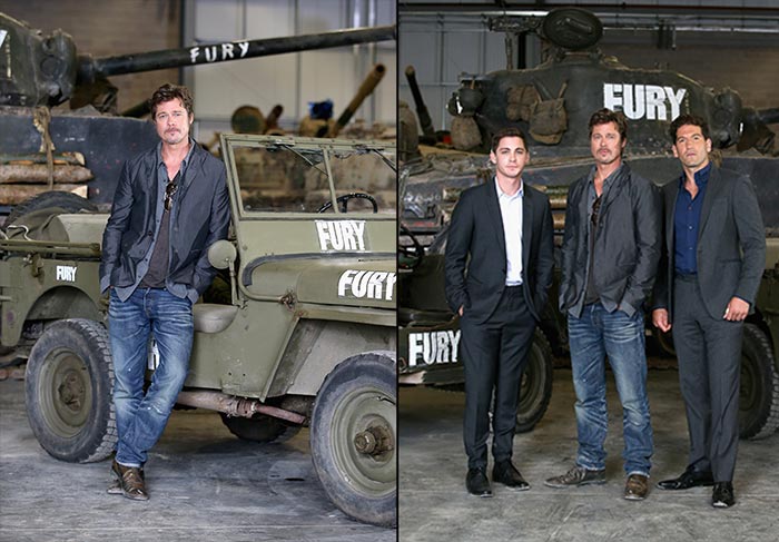 Logan Lerman, Brad Pitt e Jon Bernthal posam em frente a um tanque Sherman
