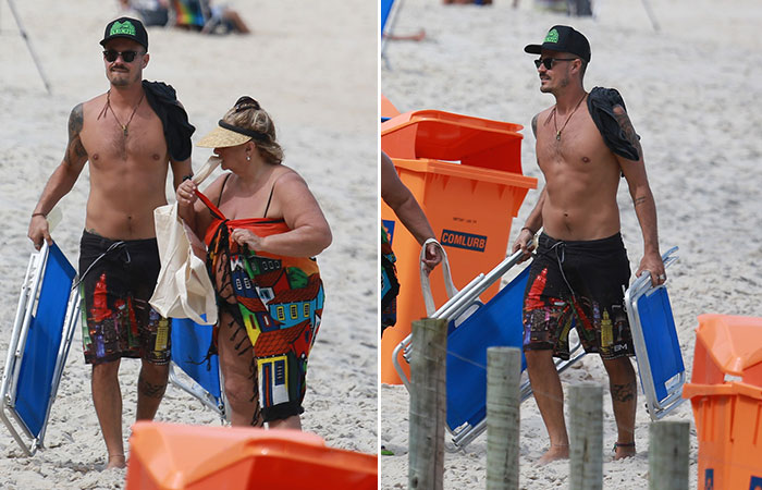 Paulo Vilhena pega praia com a mãe no Rio de Janeiro[
