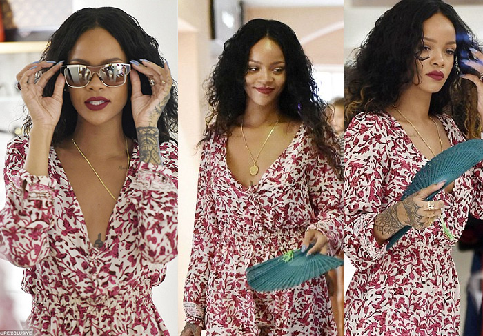 Só no carão! Rihanna usa óculos espelhados e vestido floral para fazer compras . Fotos: Grosby Group