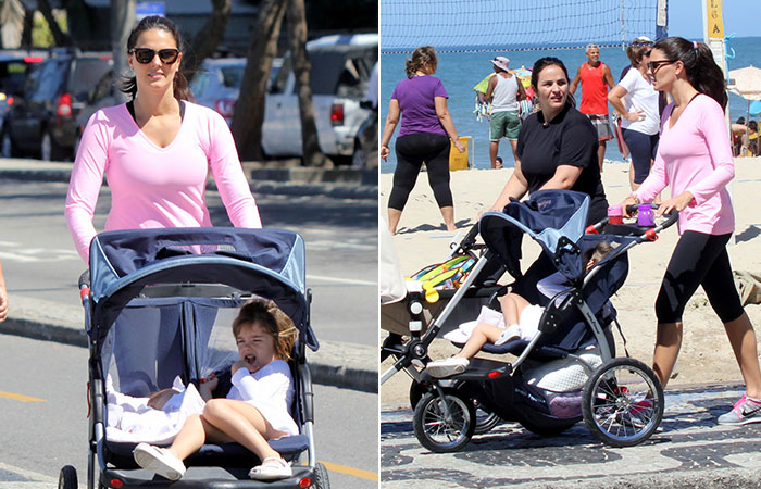  Daniella Sarahyba passeia com as filhas, Gabriela e Rafaella, pela orla do Lebon, no Rio 