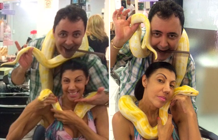 Julinho do Carmo recebe bailarina com serpente de estimação