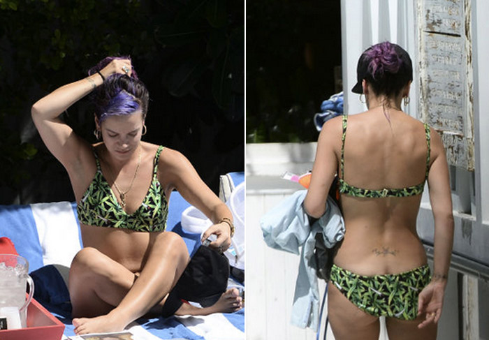 Lily Allen usa biquíni com estampa de maconha em dia de piscina em Miami