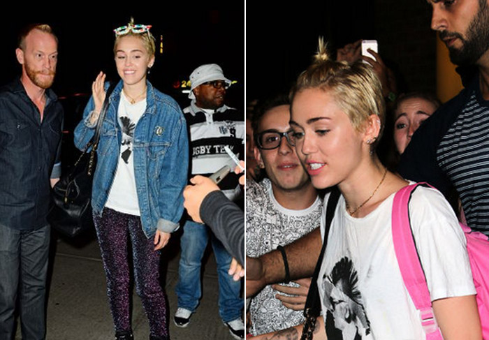 Miley Cyrus atende fãs antes de deixar hotel em Nova York