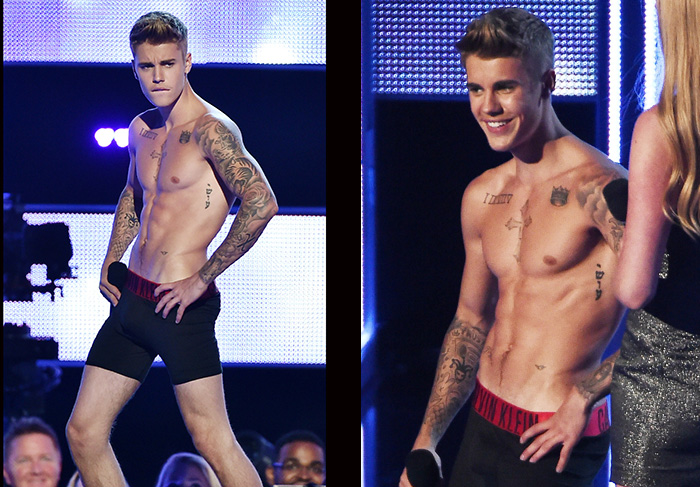 Justin Bieber tira a roupa e fica só de cueca no Fashion Rocks. 