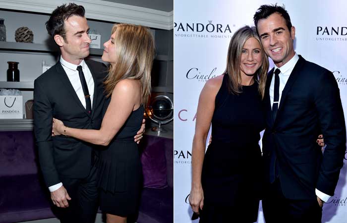 Jennifer Aniston e Justin Theroux trocam olhares durante pré-estreia de Cake, no Canadá