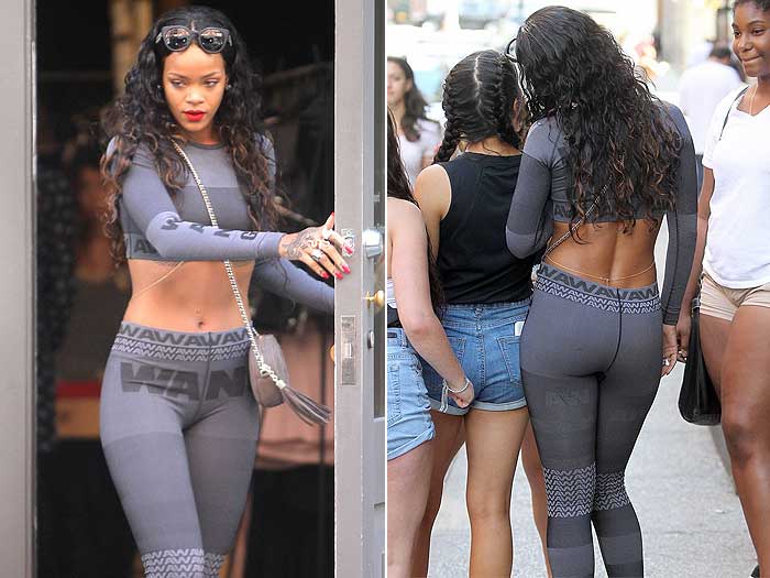 Usando modelo prá lá de justo, Rihanna balança circula por NY em dia de desfile