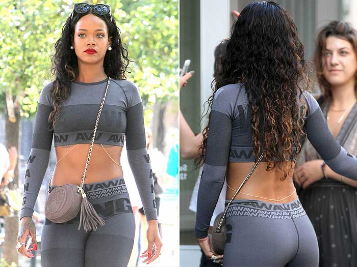 Usando modelo prá lá de justo, Rihanna balança circula por NY em dia de desfile