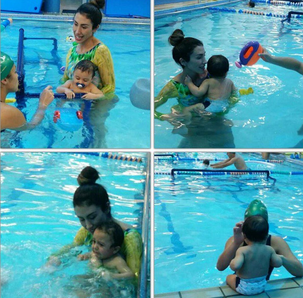Jaque Khury faz aula experimental de natação com o filho