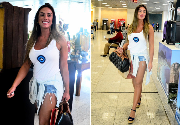 Feliz da vida! Nicole Bahls embarca em aeroporto do Rio