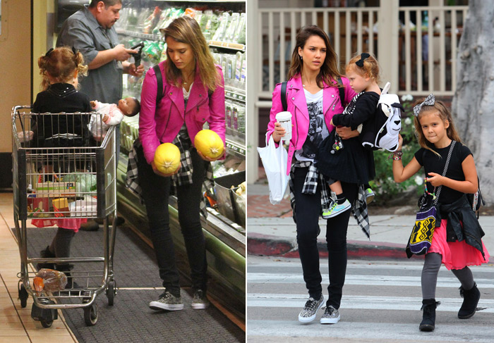 Gente como a gente: Jessica Alba almoça com as filhas e faz compras no supermercado 