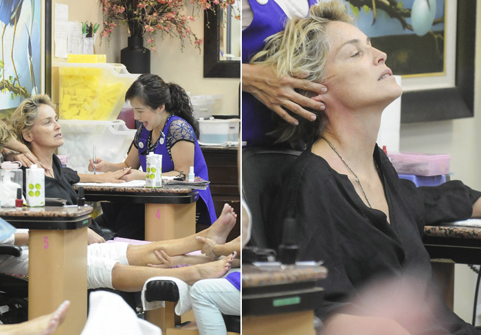 Vaidosa! Sharon Stone cuida dos pés e das mãos em Los Angeles, Califórnia 