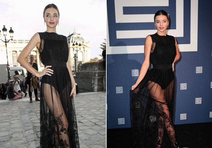 Miranda Kerr vai com vestido transparente em desfile na França