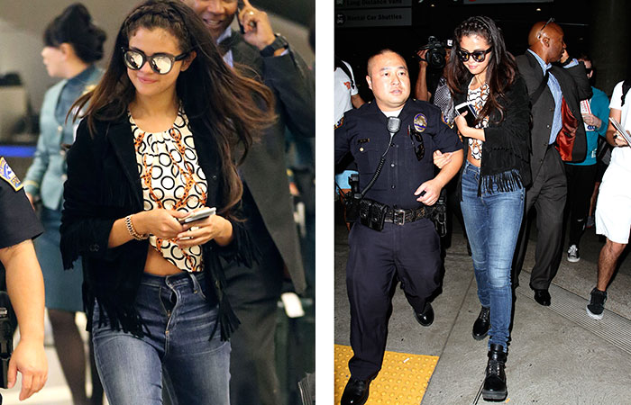 Selena Gomez esquece do zíper e aterrissa em LA com a calça aberta