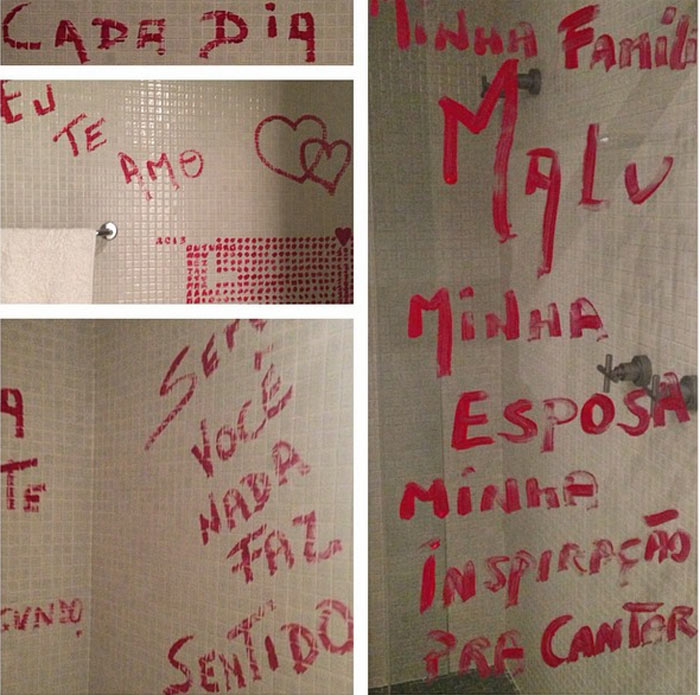 Daniela Mercury usa batom para escrever no banheiro declaração para Malu Verçosa 