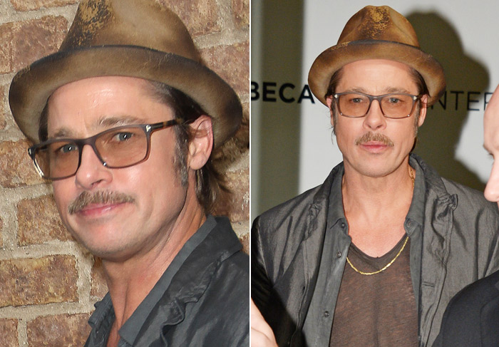 Com bigodão, Brad Pitt esbanja simpatia com os fotógrafos em Nova York