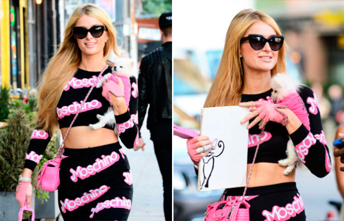  Na moda! Paris Hilton combina sua roupa com a do seu cachorrinho 