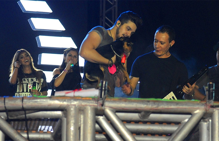 Luan Santana canta com cachorro de fã no colo, durante show