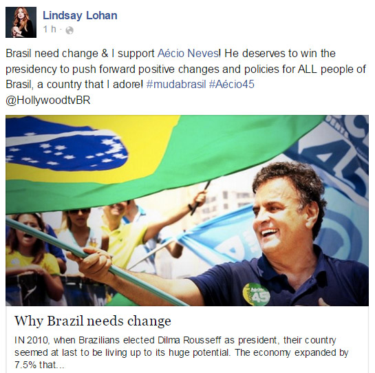 Lindsay Lohan apoia a candidatura de Aécio Neves para a presidência do Brasil