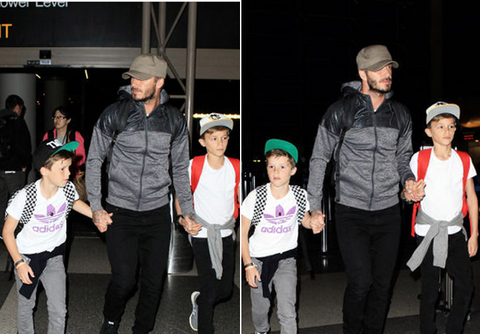 David Beckham chega à Los Angeles com os filhos Romeo e Cruz 