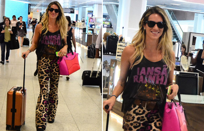 Com calça de oncinha, Giovanna Ewbank deixa o Rio de Janeiro