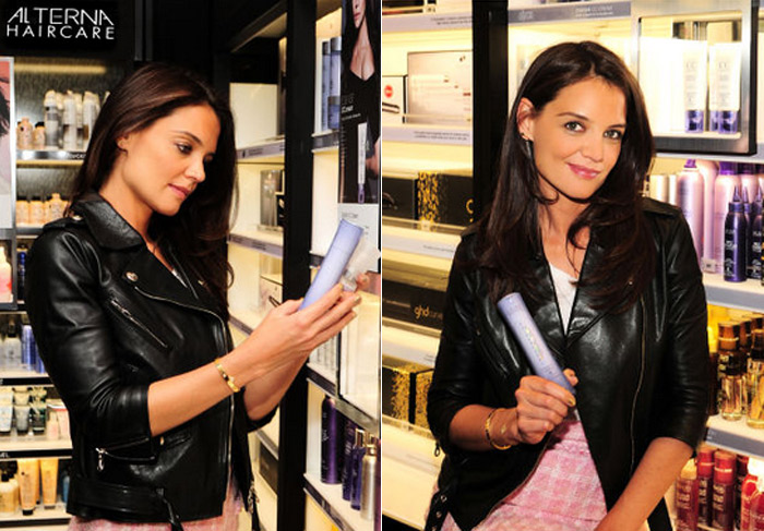 Katie Holmes promove marca de produtos de beleza em Nova York