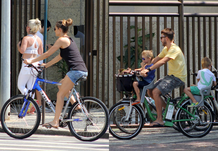Fernanda Lima e Rodrigo Hilbert pedalam com os filhos em Copacabana