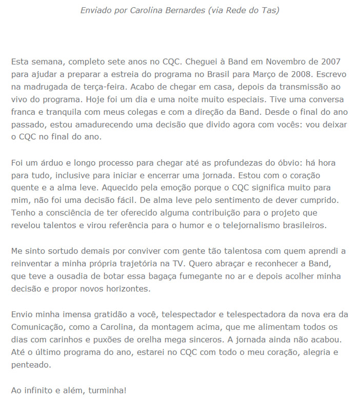 Marcelo Tas escreve carta para se despedir do CQC