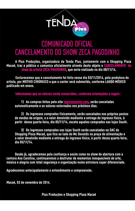 Zeca Pagodinho cancela show em Macaé, no Rio de Janeiro 