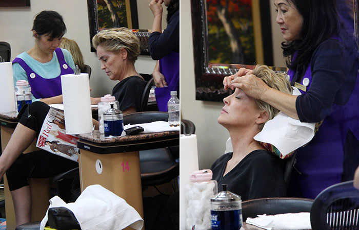 Sharon Stone tira o dia para se mimar em salão de beleza