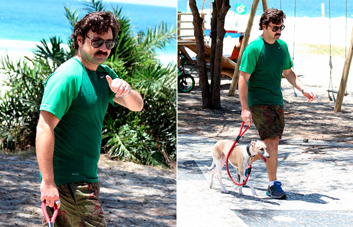 Emilio Orciollo Neto exibe novo visual em passeio com seu cachorro