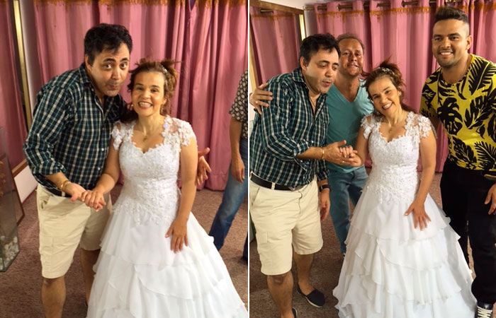 Claudia Rodrigues experimenta vestidos de noiva