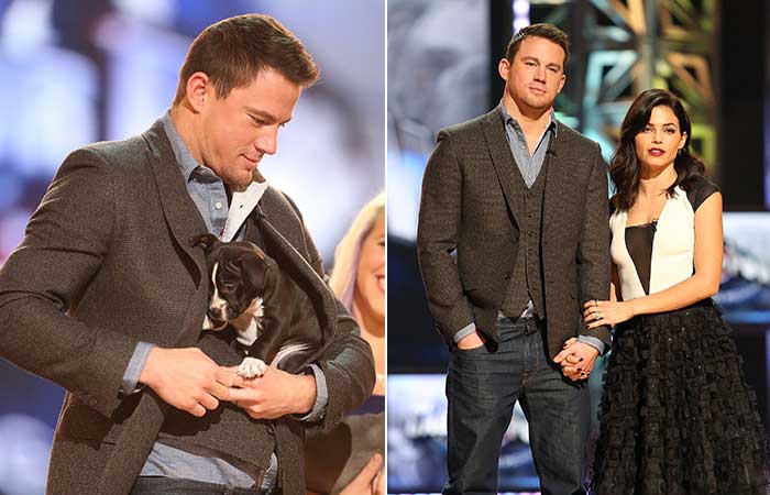 Channing Tatum se atrapalha na hora de segurar cão em evento