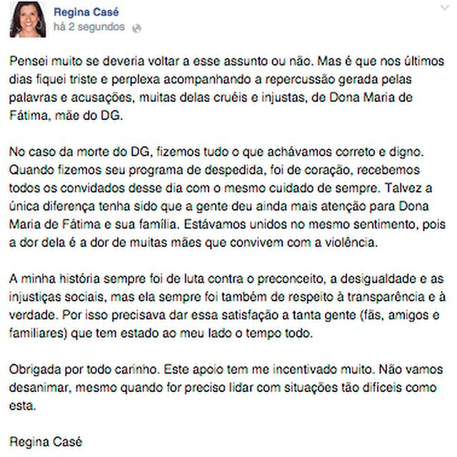 Regina Casé fala pela primeira vez sobre acusações feitas pela mãe de DG