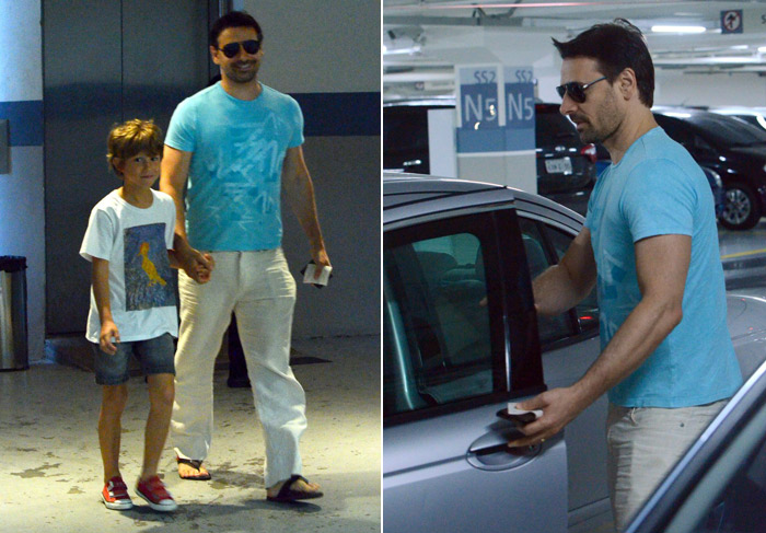 Murilo Rosa passeia com o filho em shopping no Rio