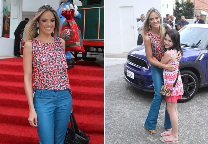 Ticiane Pinheiro posa sorridente para fotos na festa de aniversário da afilhada, filha de Rodrigo Faro