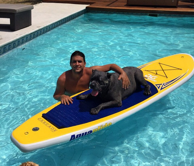 André Marques brinca com seus cães na piscina
