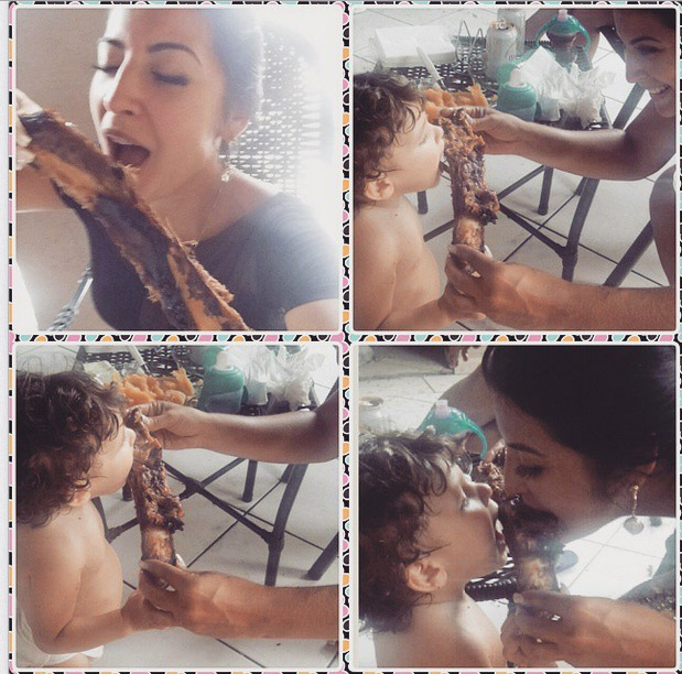 Ex-BBB Priscila Pires ataca costela com o filho durante churrasco