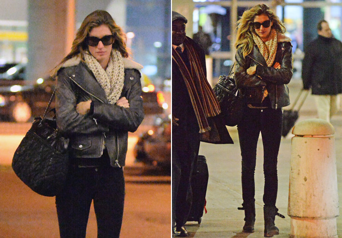 Gisele Bündchen é flagrada em aeroporto de NY ainda enfrentando o frio