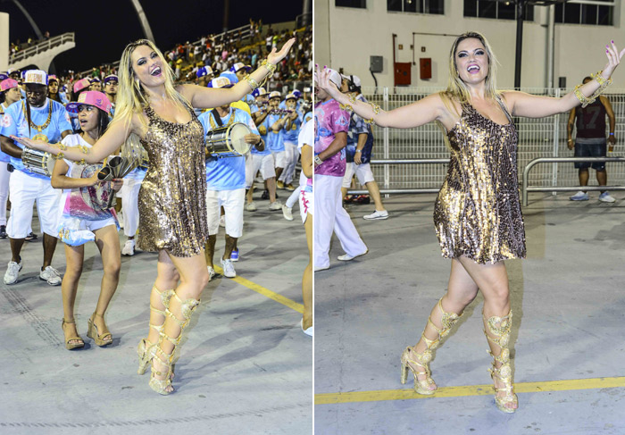 Com look comportado, Ellen Rocche esbanja alegria em ensaio técnico para o Carnaval