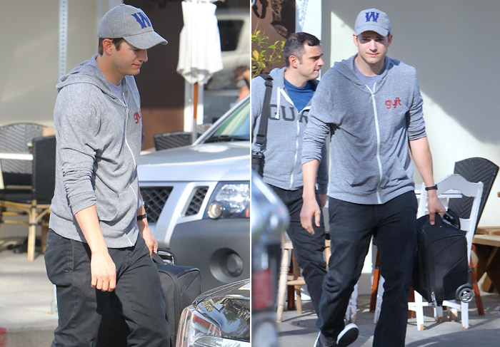 Ashton Kutcher caminha de cabeça baixa a caminho do set de Two and a Half Men