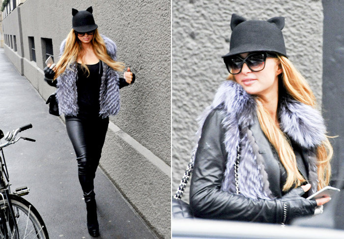 Paris Hilton usa boné de gatinho para passear por Milão