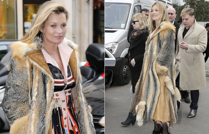 Kate Moss surge com enorme casaco de pele nas ruas de Paris