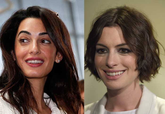 Anne Hathaway se diz lisonjeada ao ser comparada a Amal Clooney